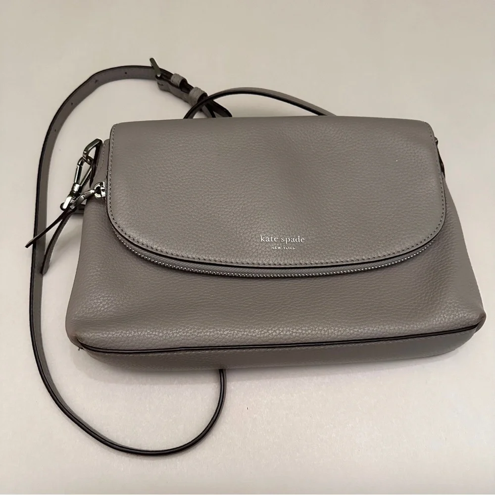 Kate Spade Large Polly Convertible Zippered Flap Crossbody Pebbled Leather Grey